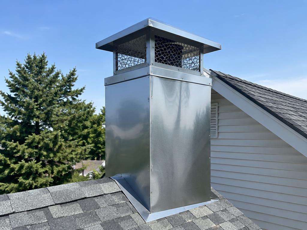 New stainless steel chimney chase cover and cap after replacement