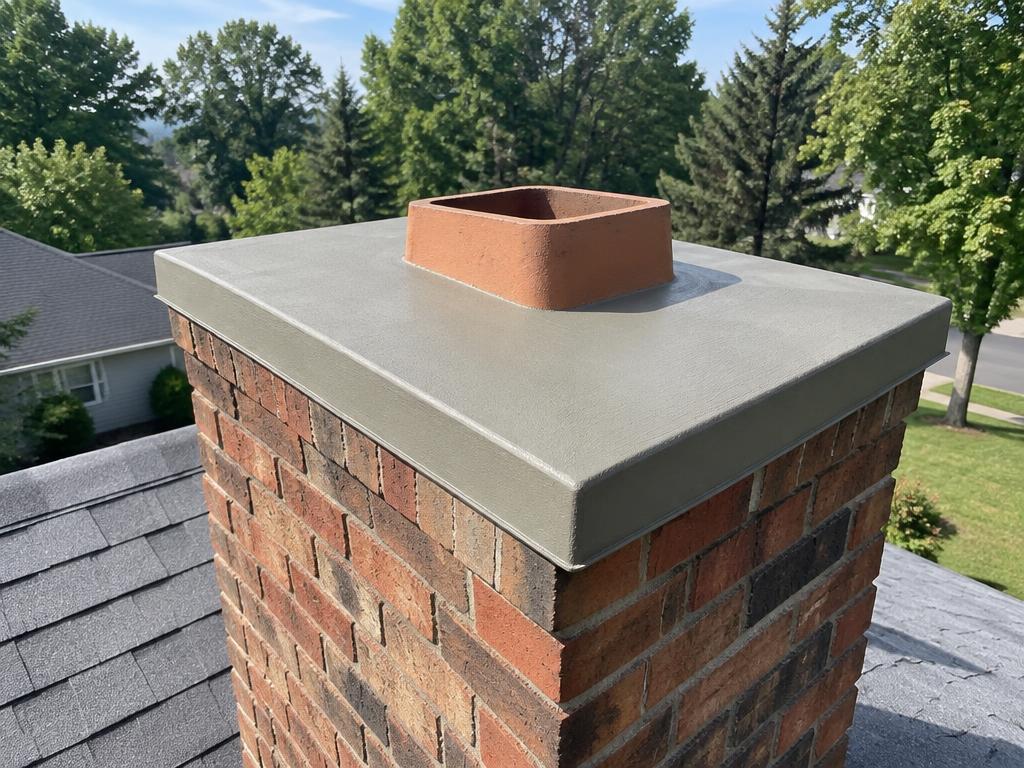 New smooth concrete chimney crown with drip edge after rebuild