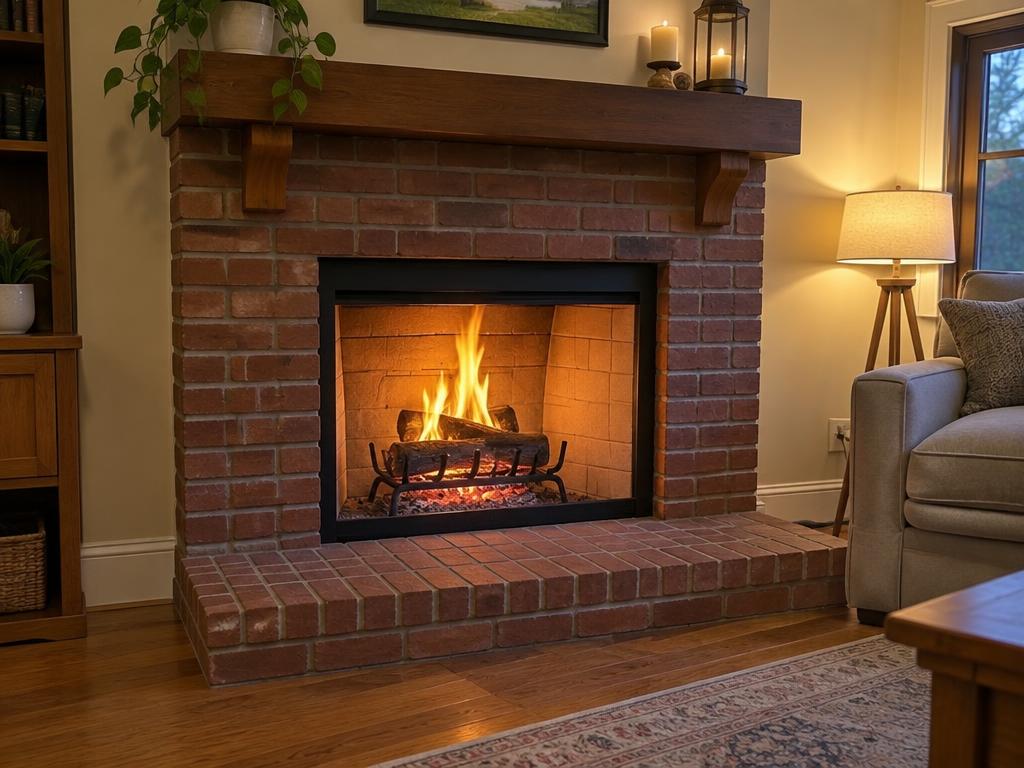 Clean restored brick fireplace with a fire burning after restoration