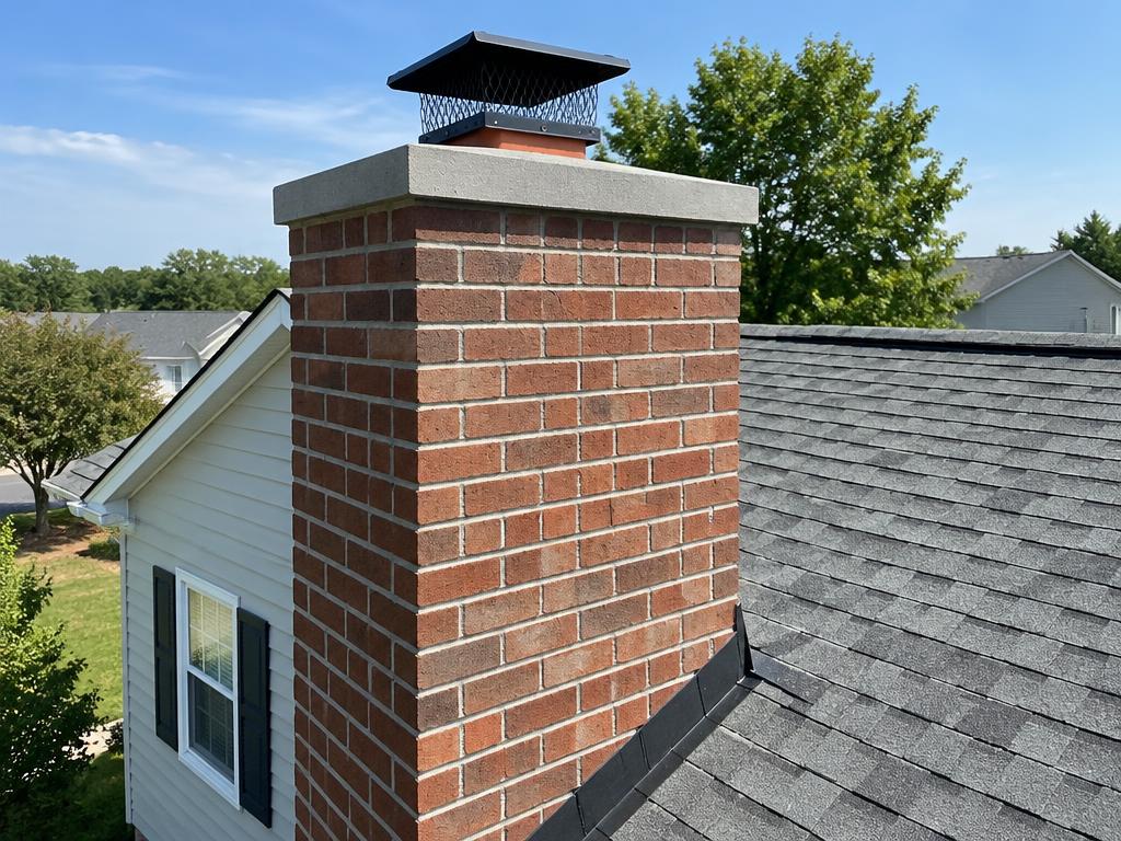Restored brick chimney with fresh mortar joints and new crown after repair