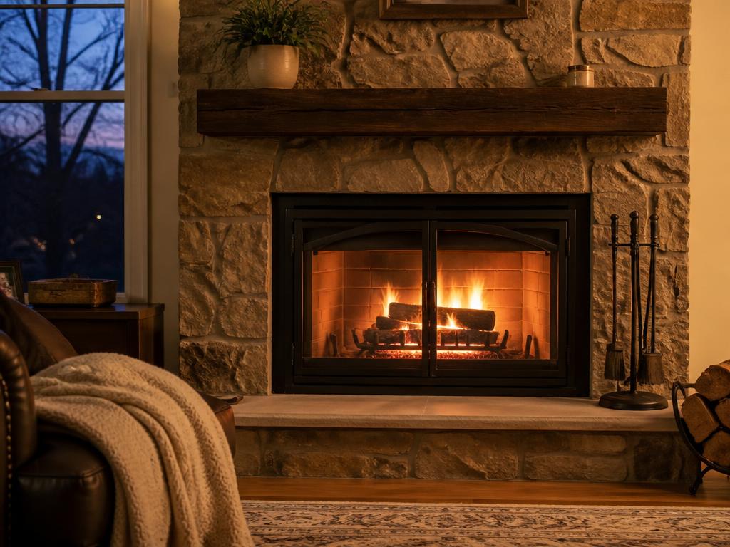 Serviced fireplace burning safely in a living room