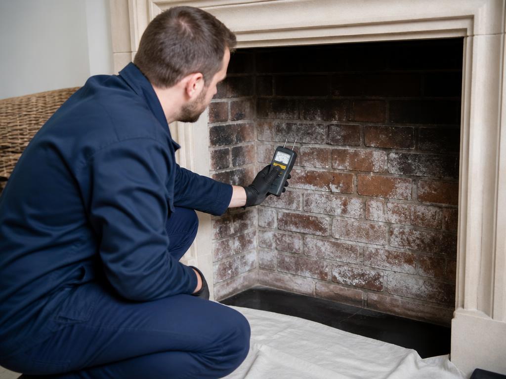 Technician testing moisture inside a leaking fireplace